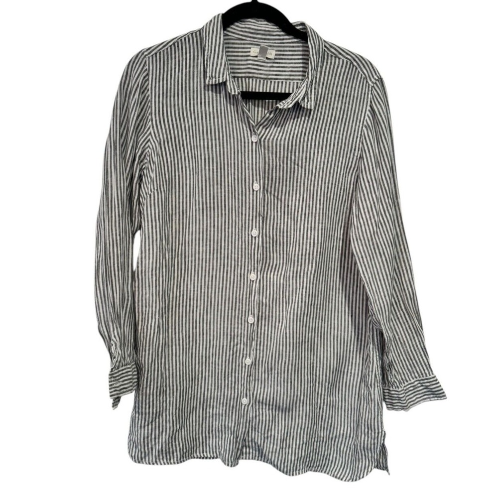 Garnet Hill PM Linen Striped Button Down Shirt Grey White Petite Medium